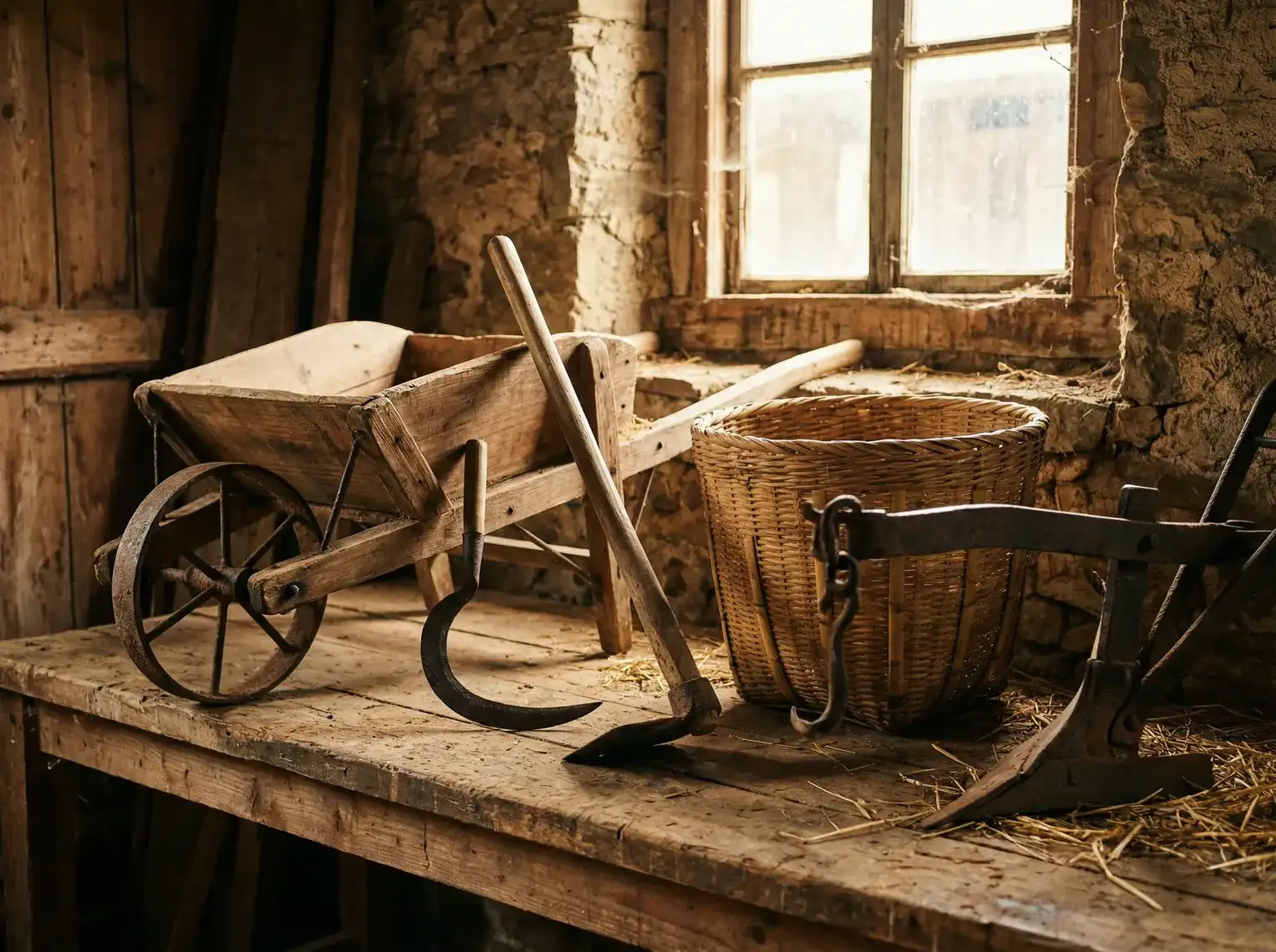 传统农具陈列在木质工作台上 - 两个人看的WWW中文在线观看 农具评测